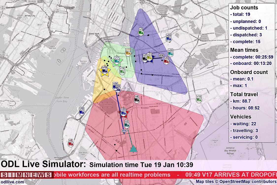 Visualisation of repositions in the simulator, output by setting simVidOutput with the command repBldCompareOnOffInSim. The reposition areas are shown as coloured polygons with a large star at their centroid.